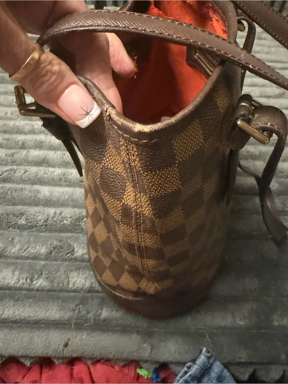 Louis Vuitton Brown Checkered Mini Bucket Tote with Gold Hardware